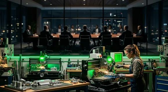 Contrast between a small precision engineering workshop and a shadowy corporate boardroom