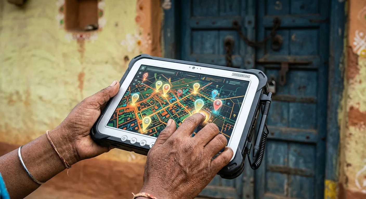 Close up of an enumerator holding a digital tablet with a map interface in front of a traditional Indian door