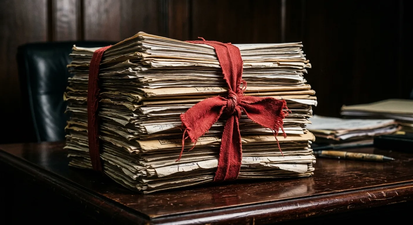 Stack of official legal documents bound in red tape on a dark desk