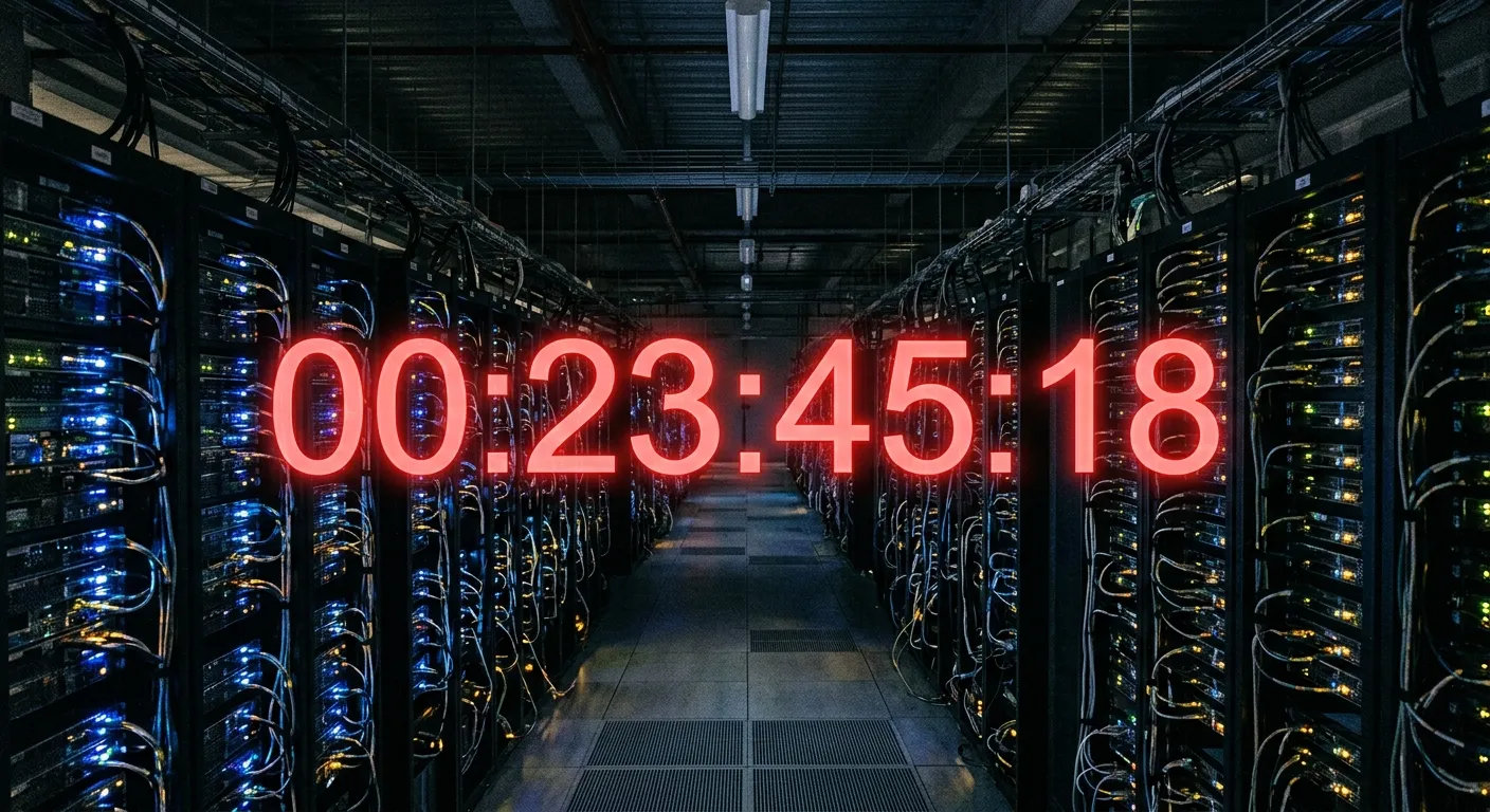Server room with a glowing red timer overlay representing data processing scale