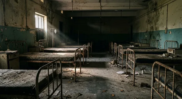 An empty, abandoned rural medical ward with dusty hospital beds