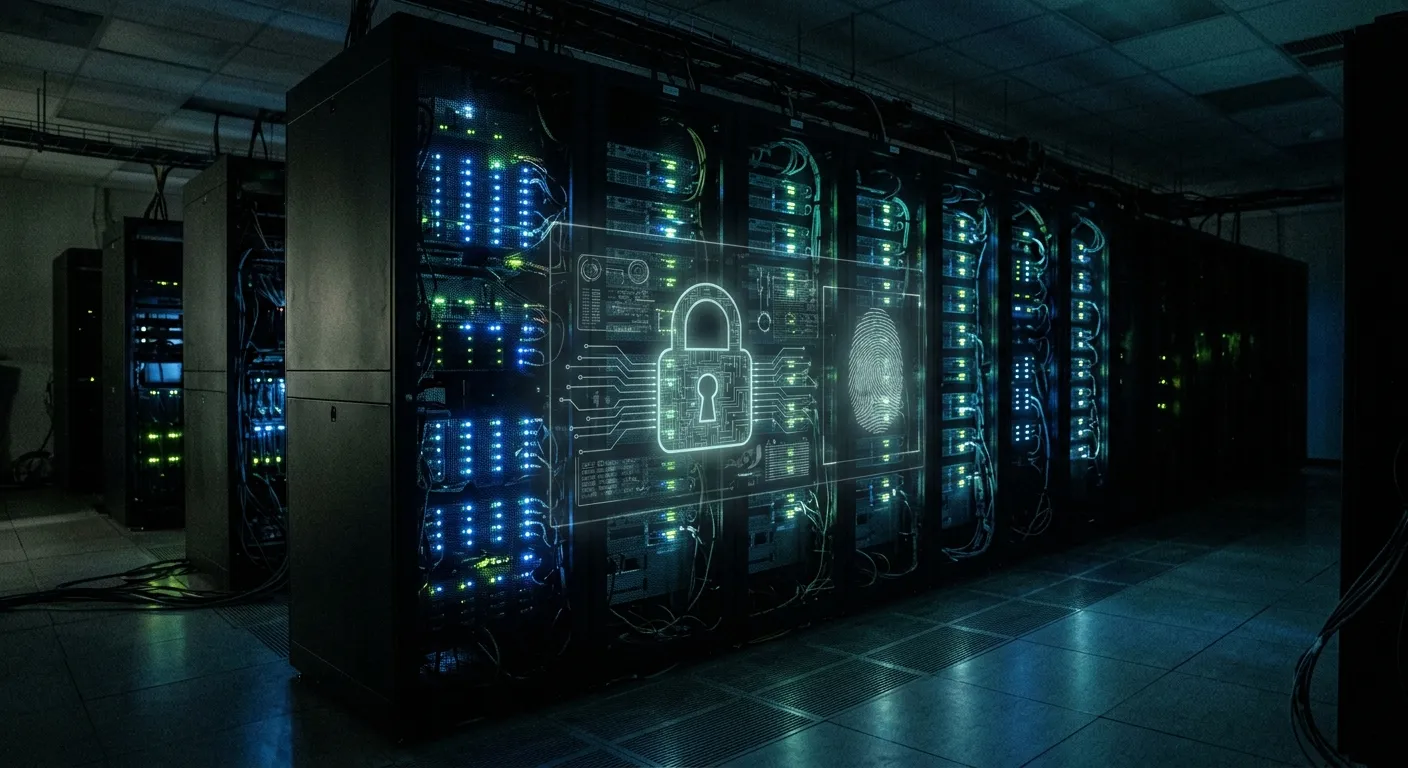 Dark server room with glowing lights and a subtle holographic padlock symbolizing data security