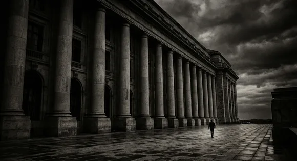 A solitary figure walking away from an imposing, shadowed government building