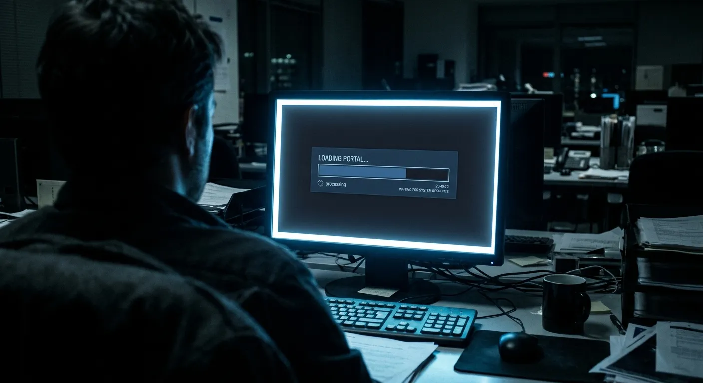 Computer monitor showing a stuck loading bar in a dark office