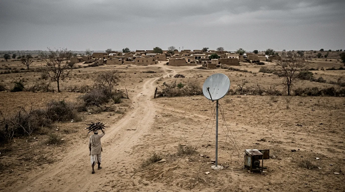 A traditional rural Indian village contrasted with a single modern satellite dish illustrating the digital divide