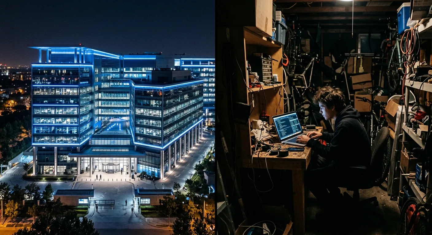Split screen showing a massive tech headquarters versus a small startup garage