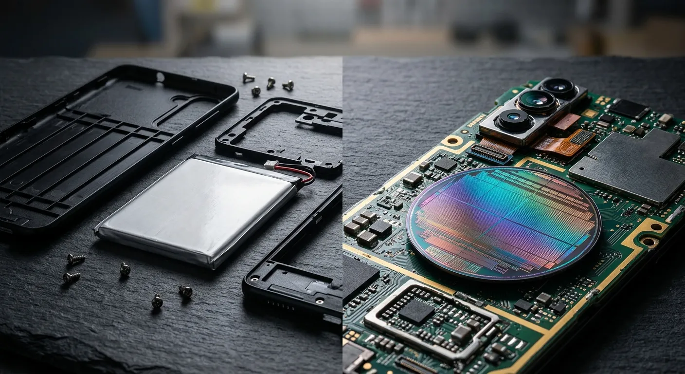 Disassembled smartphone components highlighting the difference between basic mechanical parts and complex silicon chips.