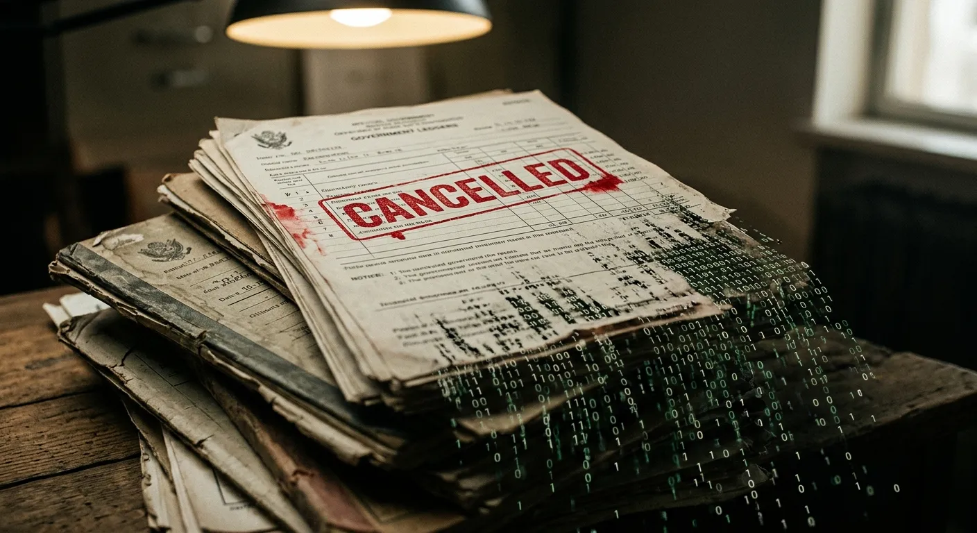Financial documents with a cancelled stamp dissolving into digital code