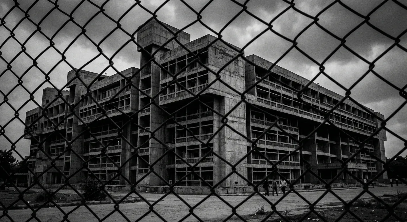Imposing government building viewed through a chain-link fence