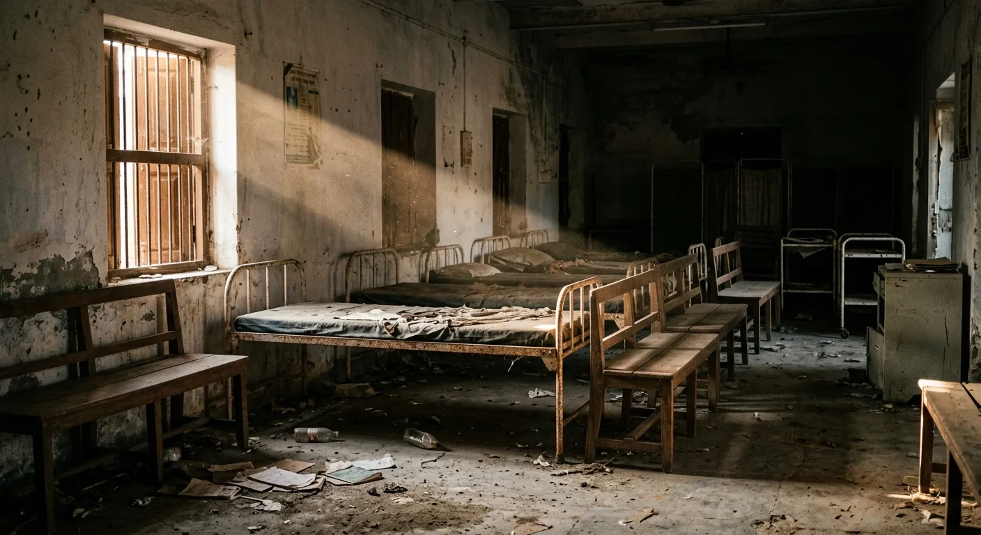 Empty rural classroom in India with sunlight streaming through the window