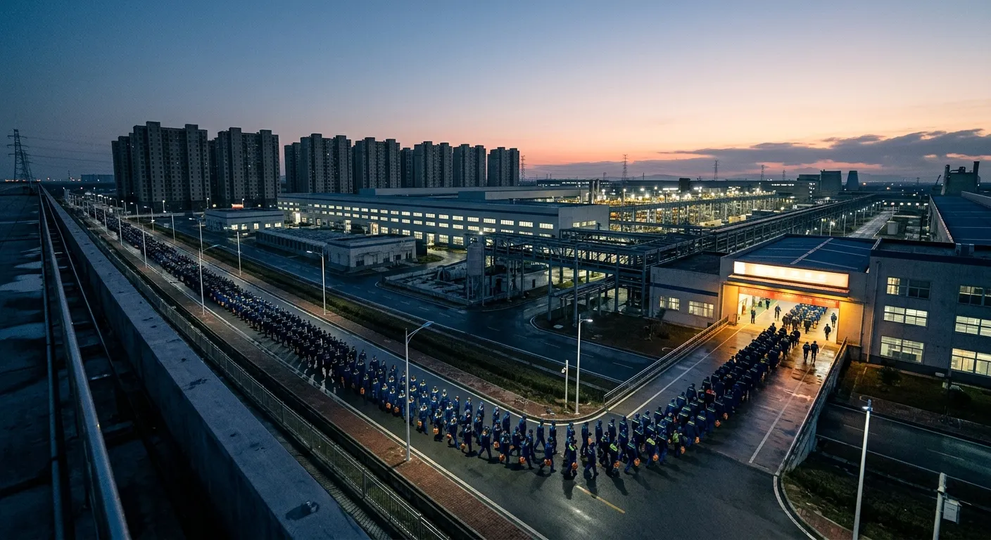 Wide shot of a massive manufacturing complex and worker dormitories at dawn.