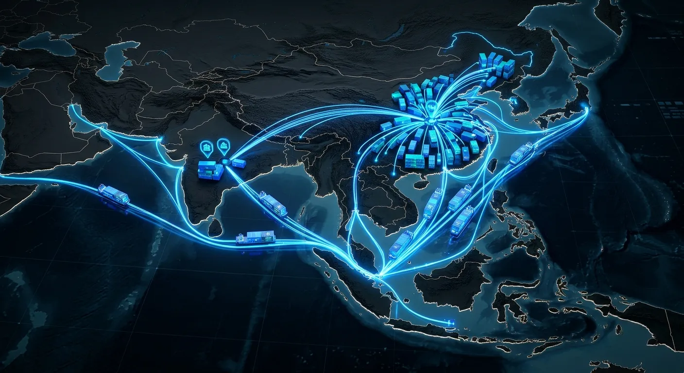 Conceptual 3D map showing glowing supply chain lines connecting East Asia to South Asia.