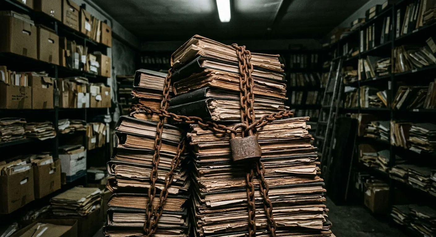 Legal files and financial ledgers wrapped in chains and padlocks