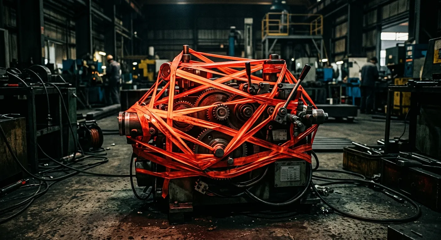 Manufacturing equipment wrapped tightly in red tape
