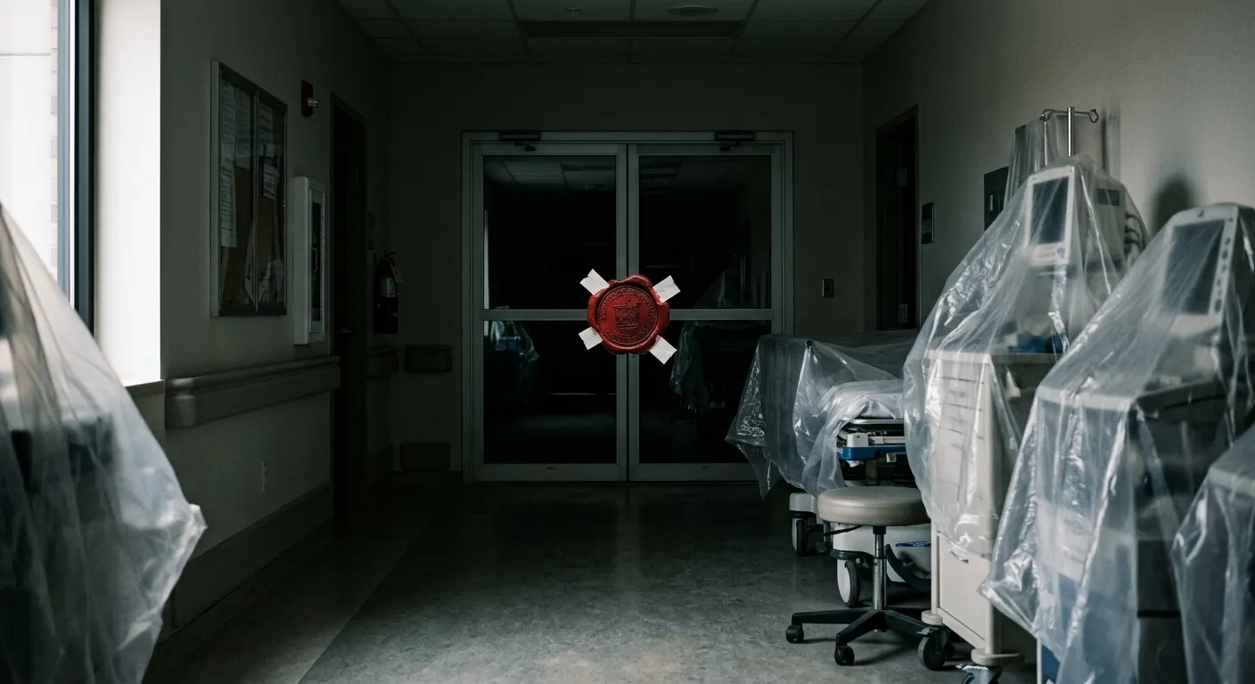 An empty medical clinic with equipment covered and doors sealed