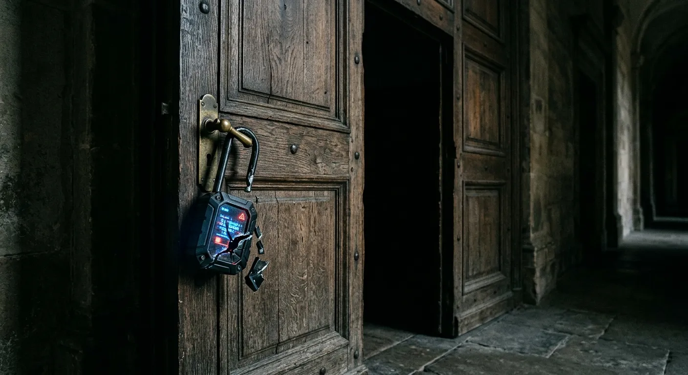 A broken digital padlock on a heavy wooden government door