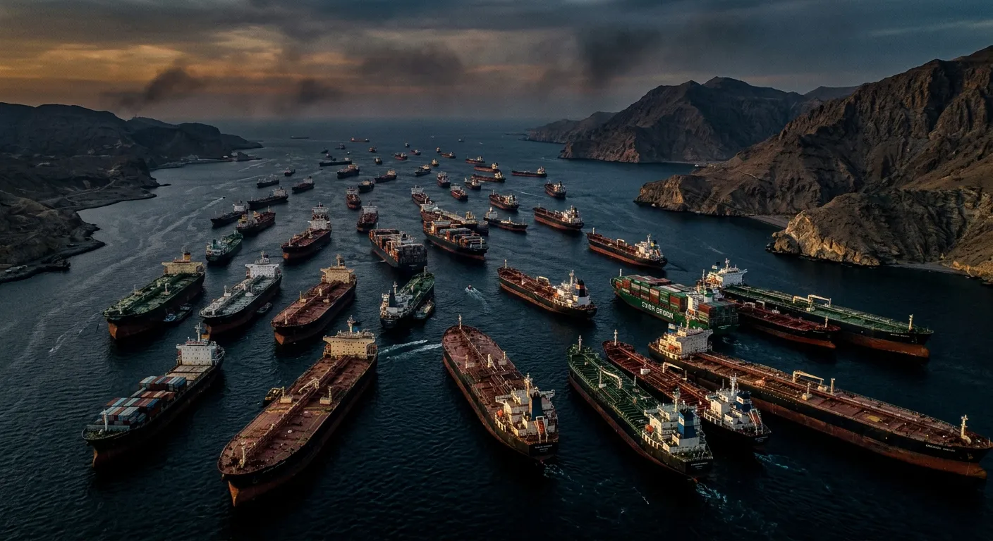 Aerial view of stalled oil tankers in a narrow maritime strait