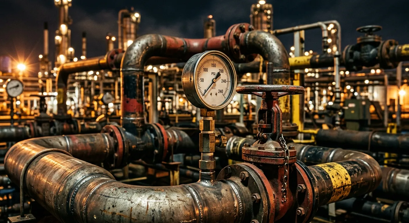 Close up of heavy industrial oil pipelines and gauges