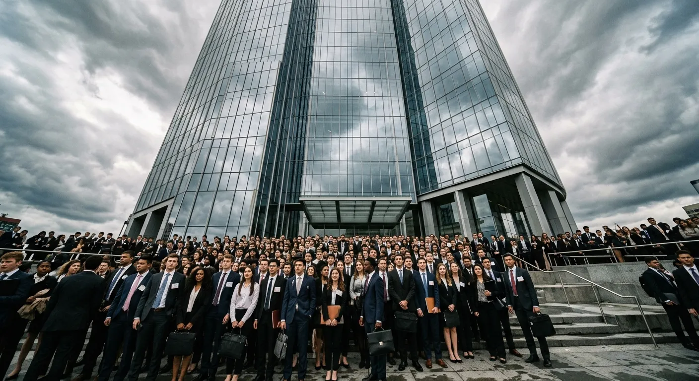 Crowd of young professionals looking up at a corporate skyscraper