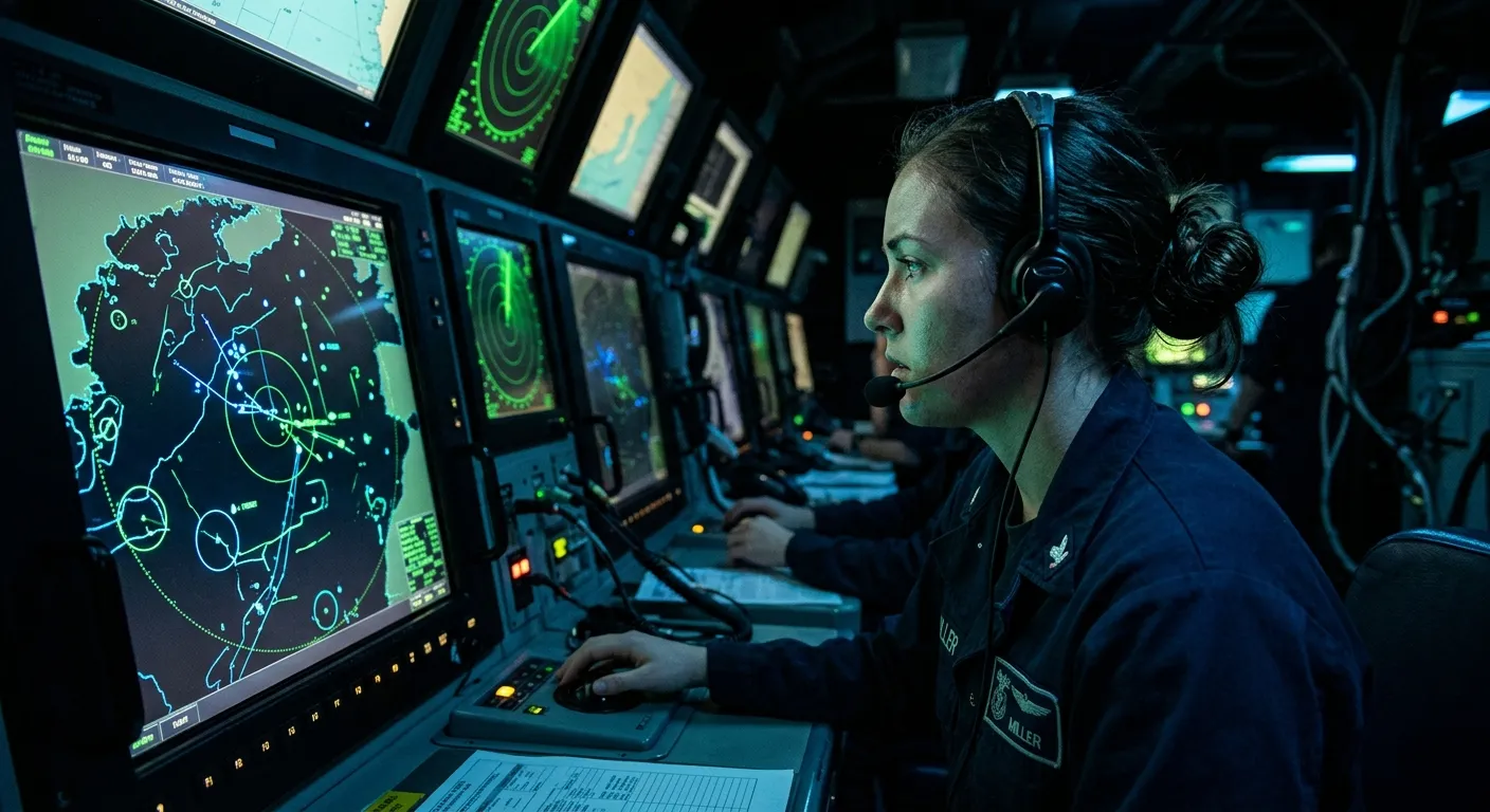 Naval operator looking at glowing radar screens in a dark command center