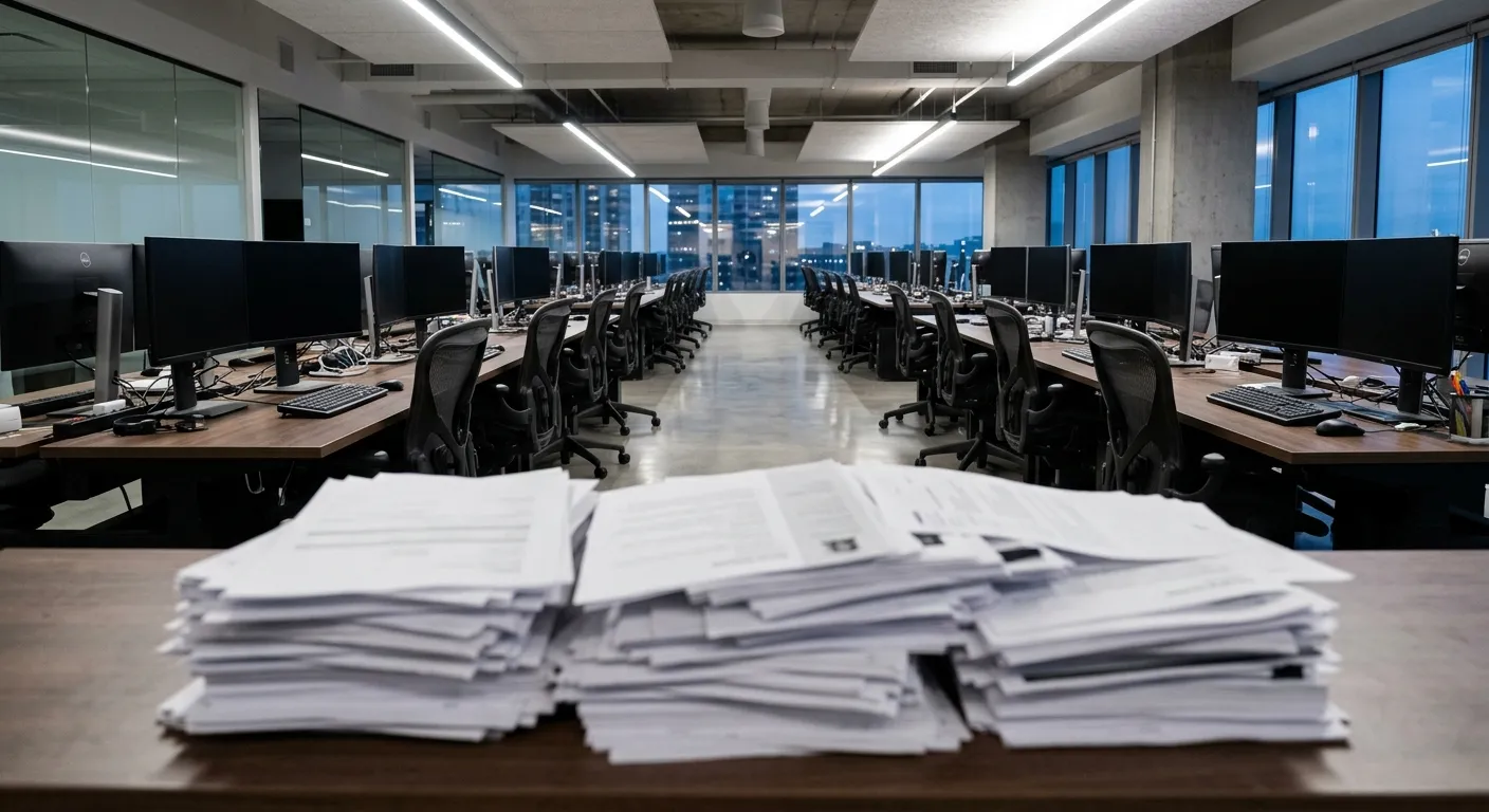 Empty modern office desks with a stack of resumes in the foreground