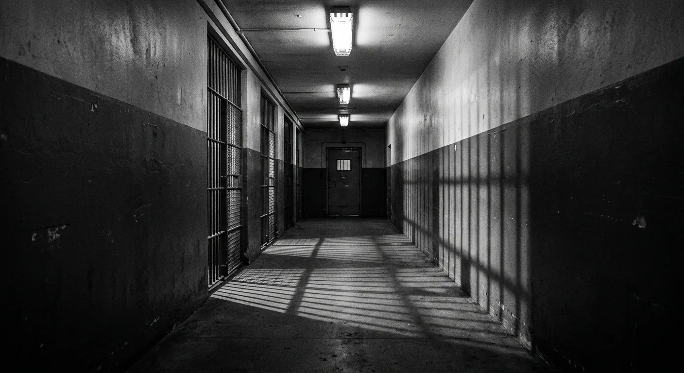 A dark, empty corridor of a detention facility highlighting custodial issues