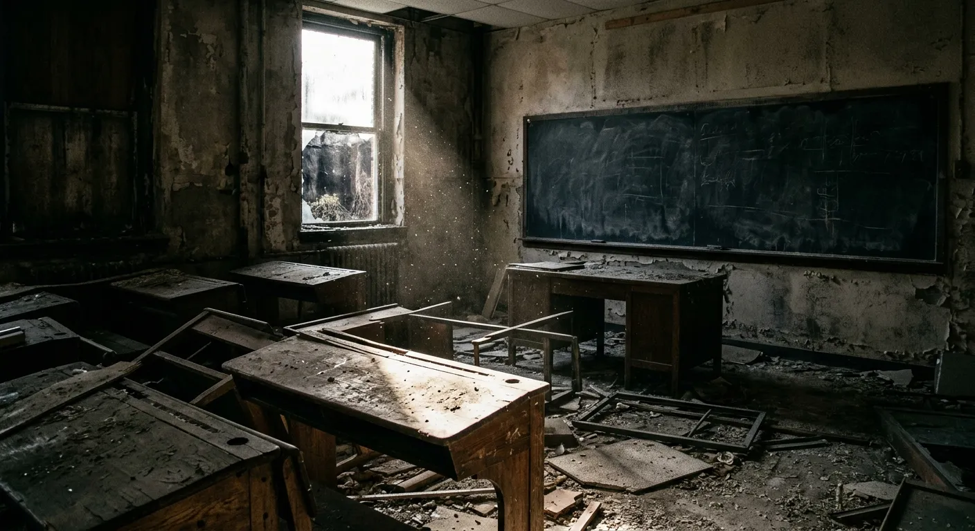 Abandoned and dusty vocational training classroom