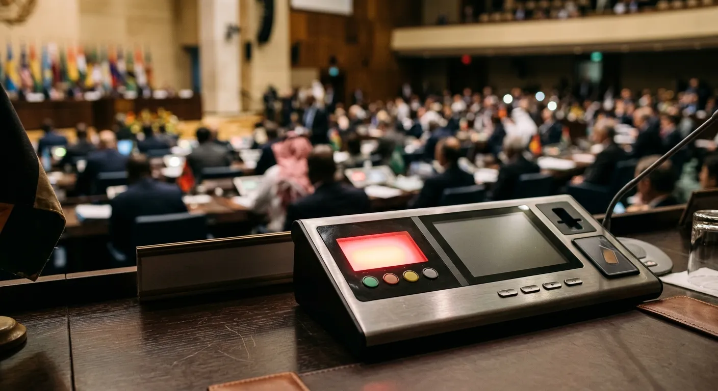 A red indicator light on a diplomatic voting terminal representing a loss of voting rights
