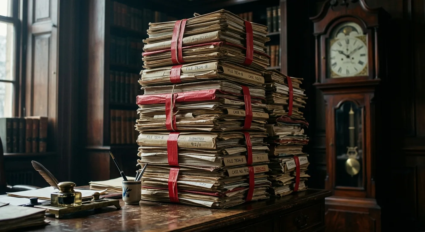 A towering stack of legal files bound in red tape symbolizing delayed disqualification petitions.