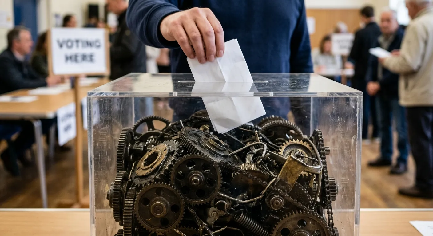 A ballot box filled with tangled gears, representing the manipulation of Rajya Sabha cross-voting.