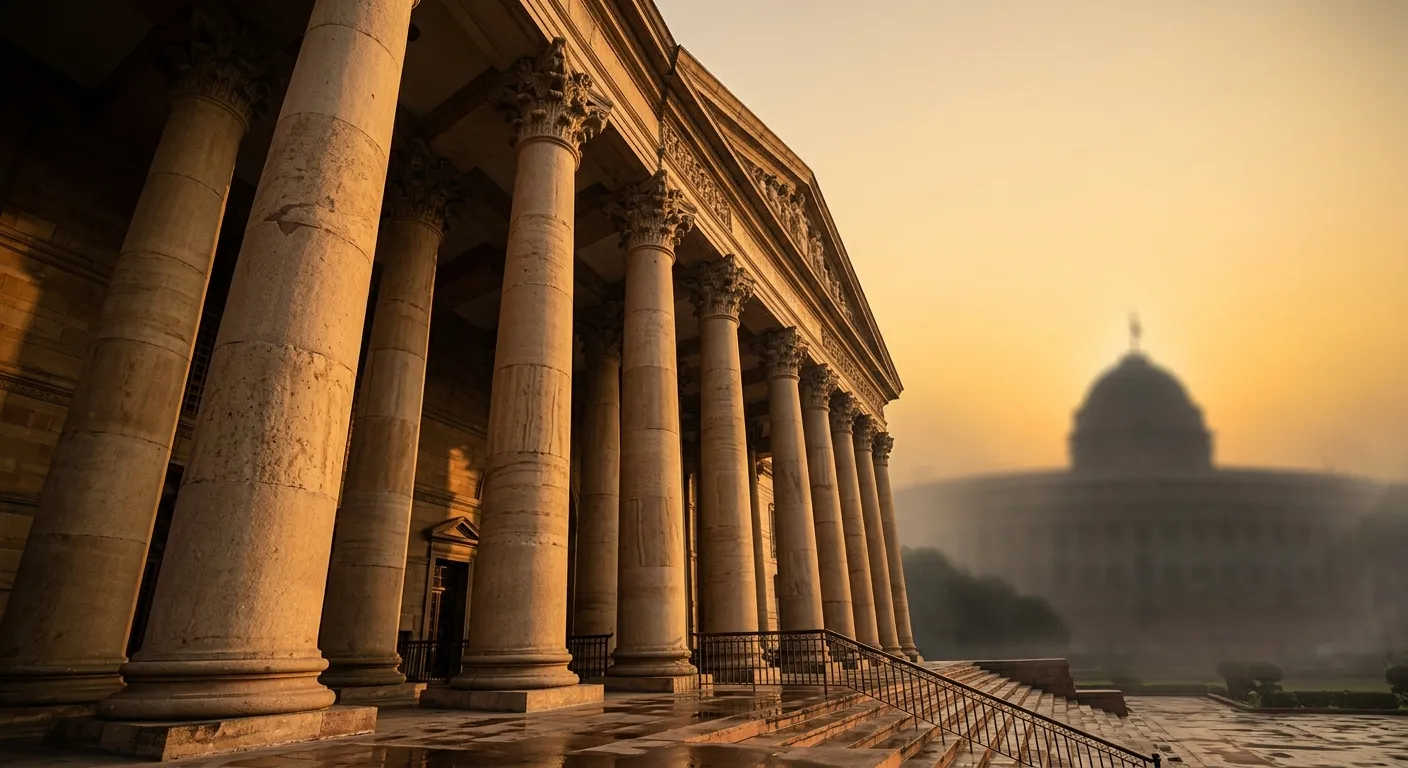 Imposing pillars of a judicial building in sharp focus with a blurred parliament dome in the background.