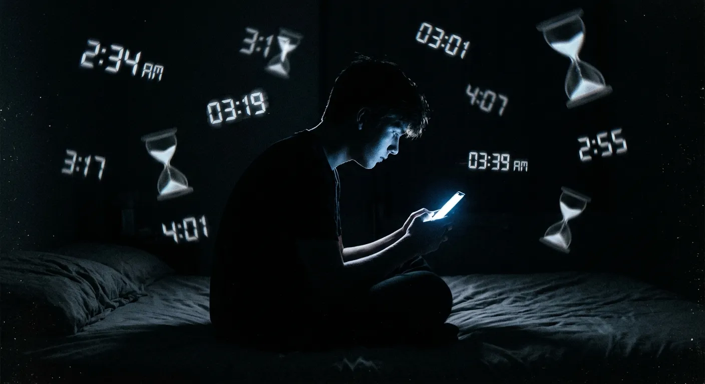 Silhouette of a teenager illuminated by a smartphone screen in a dark room