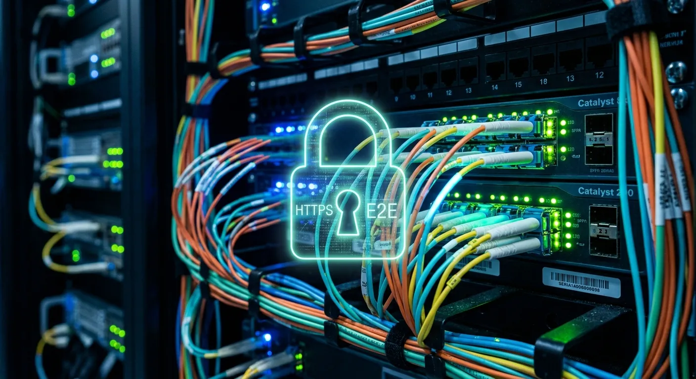 Server rack with glowing fiber optic cables and a holographic padlock