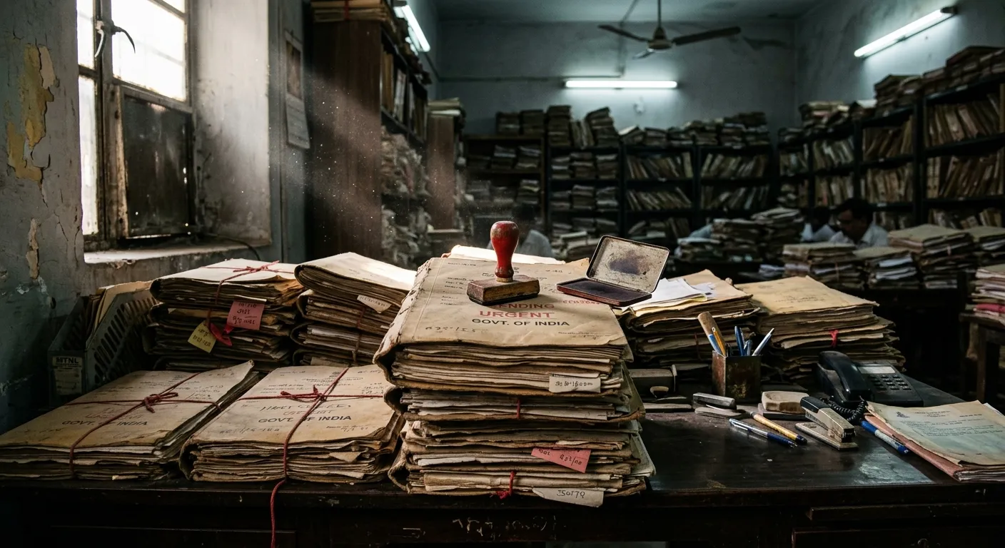 Stacks of pending government files on a desk symbolizing bureaucratic bottlenecks