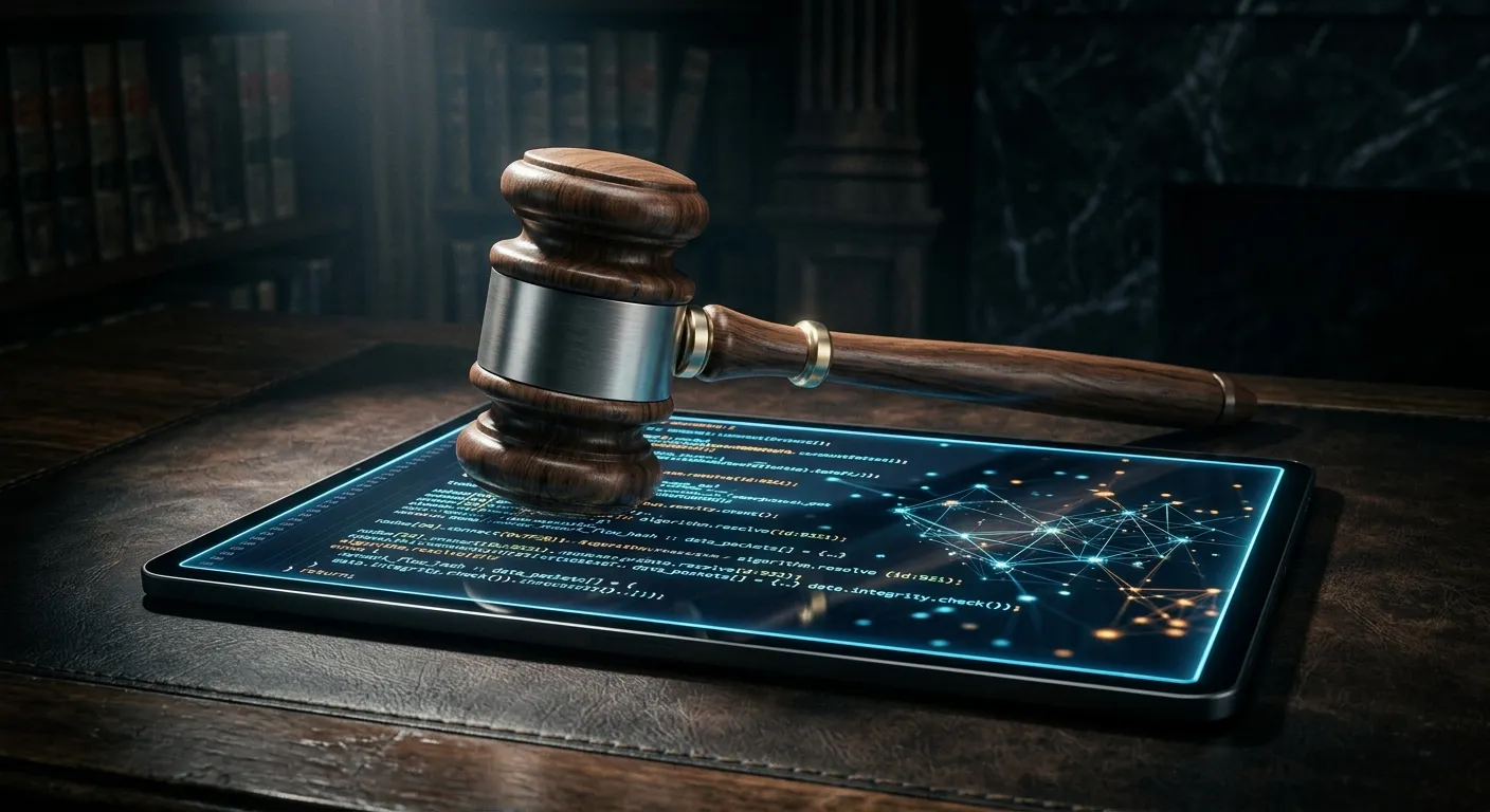 A legal gavel resting on a glowing digital tablet displaying code