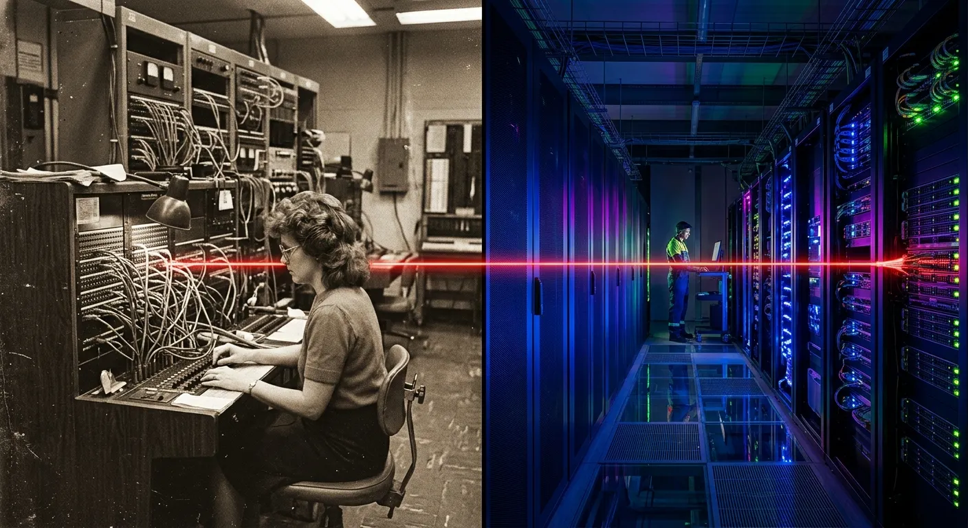 A visual contrast between 1980s telecom infrastructure and modern data centers connected by a red line.