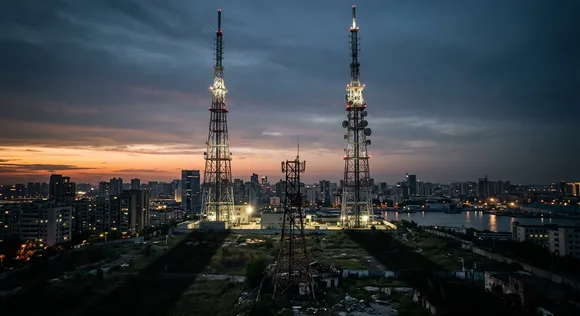 Two massive telecom towers overshadowing a smaller, crumbling tower, representing a market duopoly.