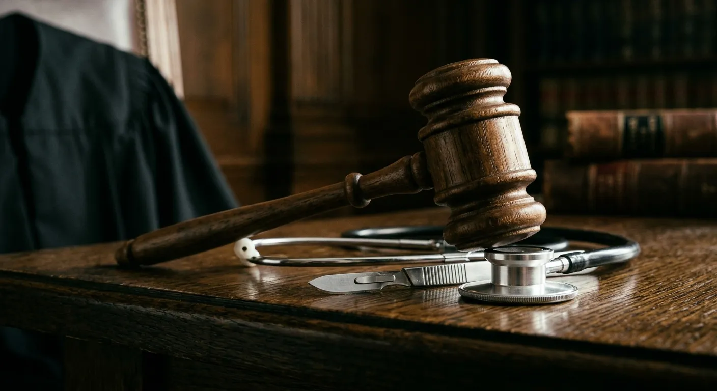 A judge's gavel resting on medical tools representing the clash between law and medical boards