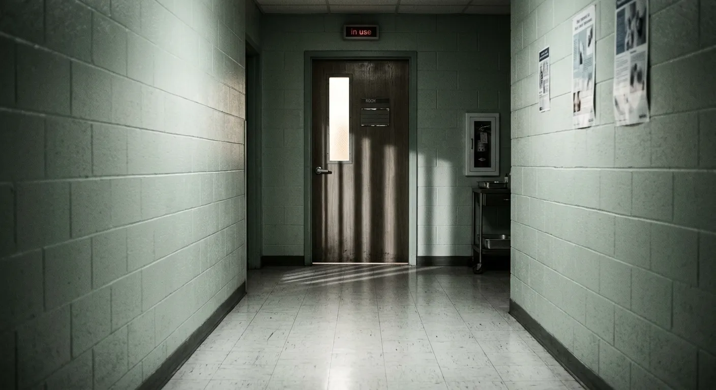 A cold, sterile hospital corridor with a closed door casting long shadows