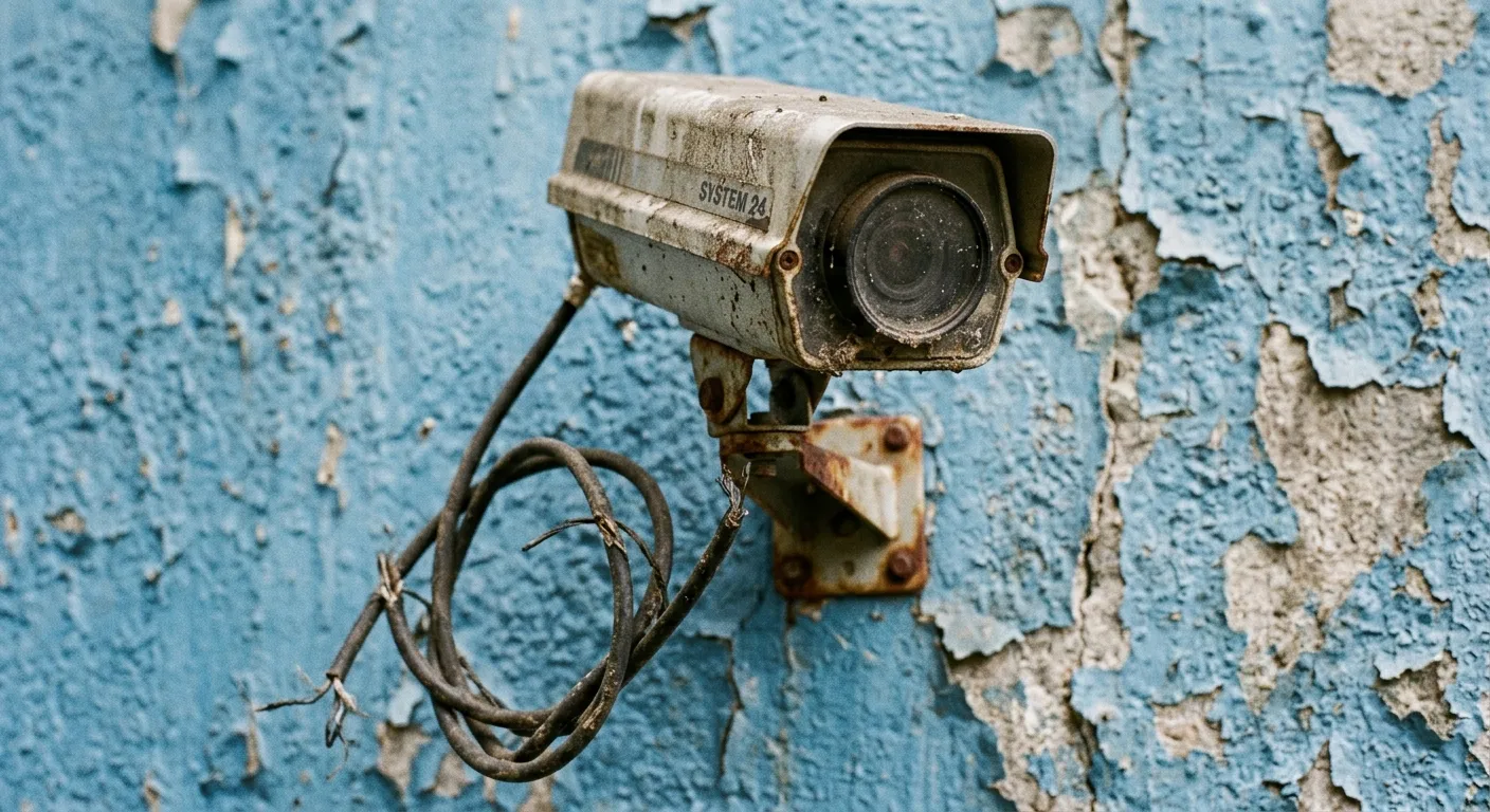 A disconnected and dusty CCTV camera mounted on a concrete wall