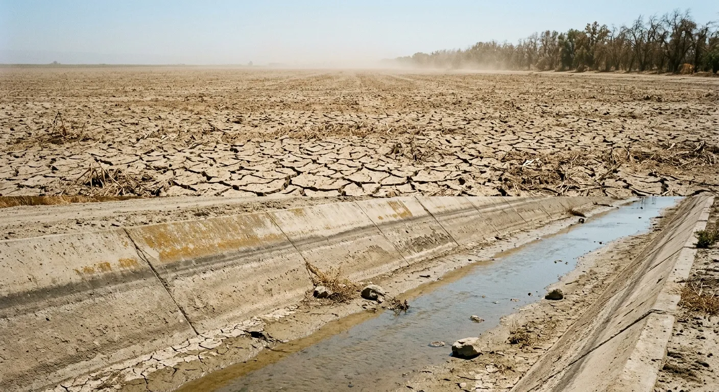 Contrasting view of a dry agricultural field and a low-flow irrigation canal