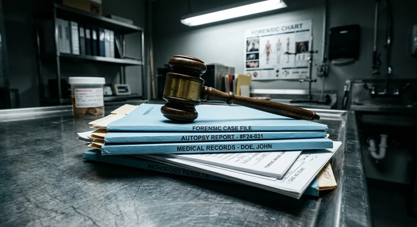 A wooden gavel resting on a stack of medical and forensic reports