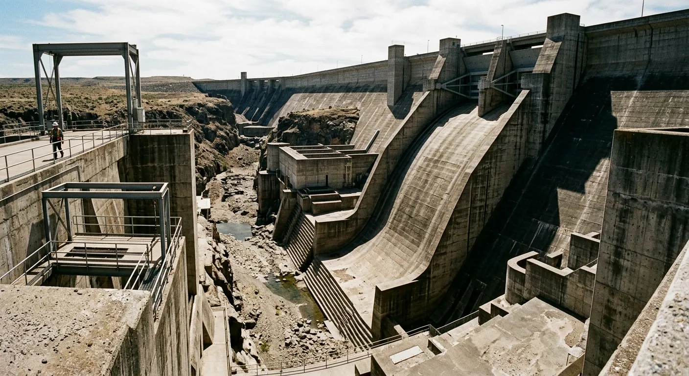 Exposed concrete infrastructure of a dry hydroelectric dam spillway