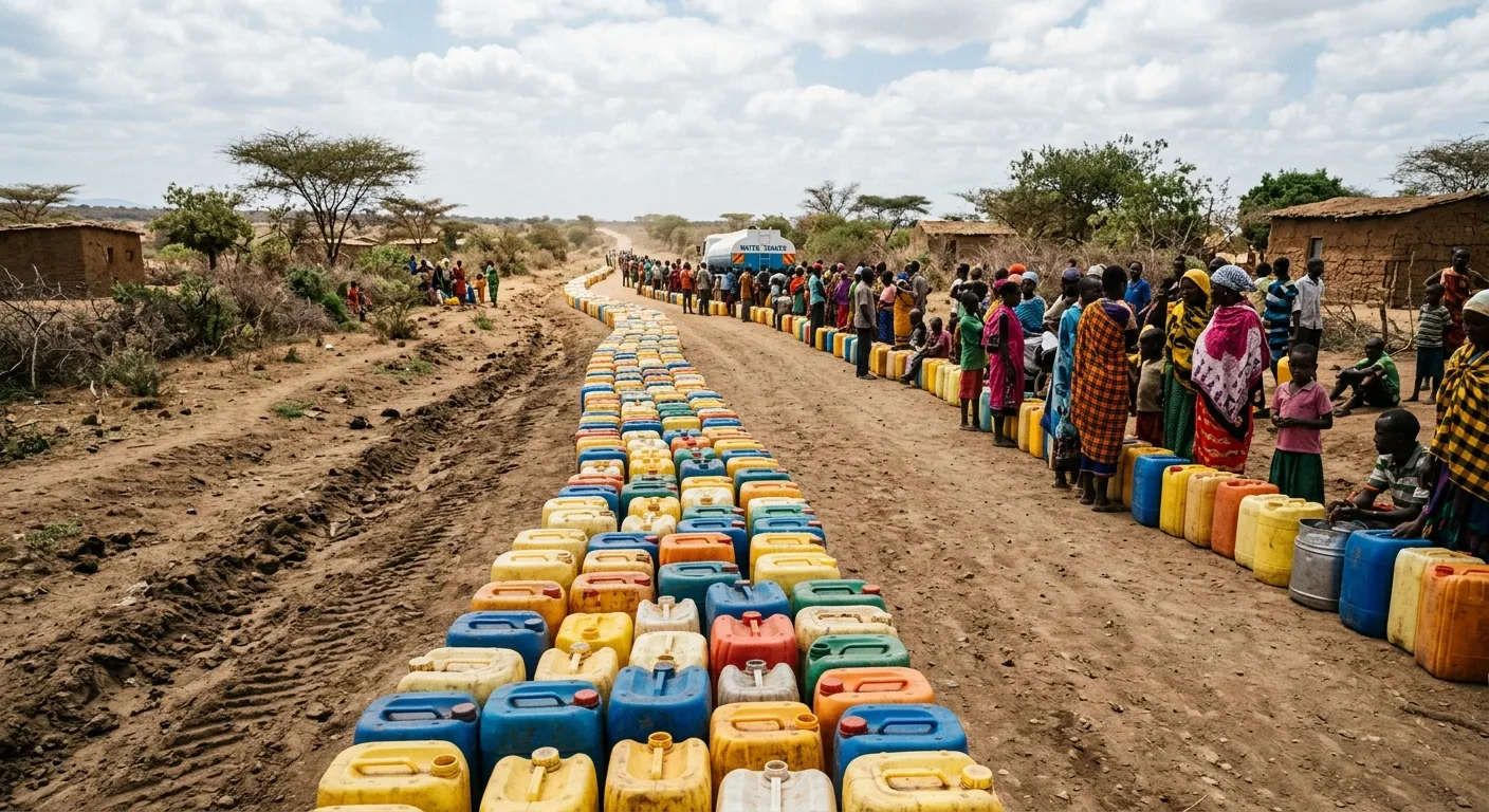 Row of colorful plastic water jugs waiting for a tanker on a dusty road