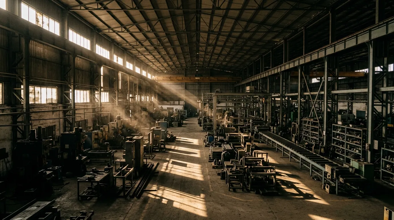 An empty industrial warehouse with idle machinery highlighting the MSME shutdown.