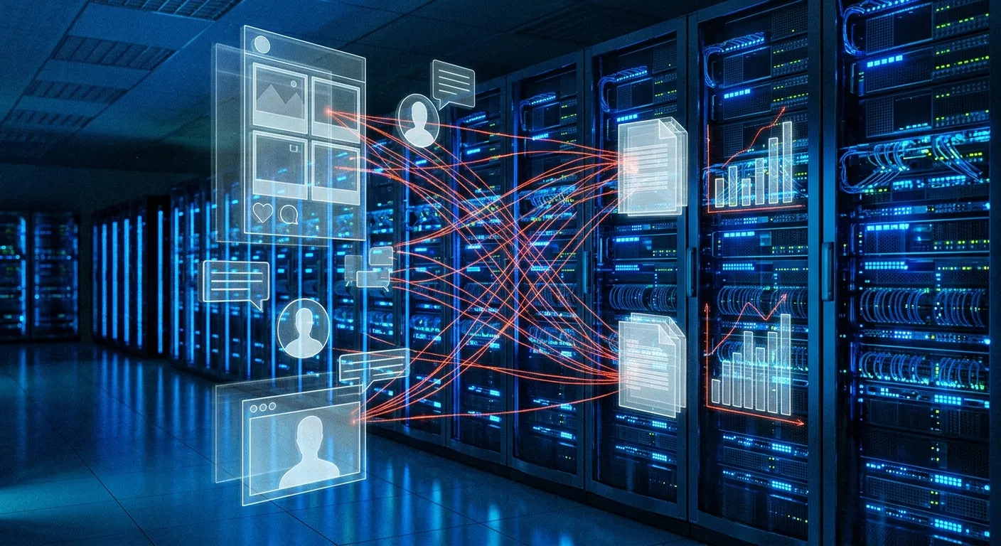 Abstract representation of social media data being processed by government servers