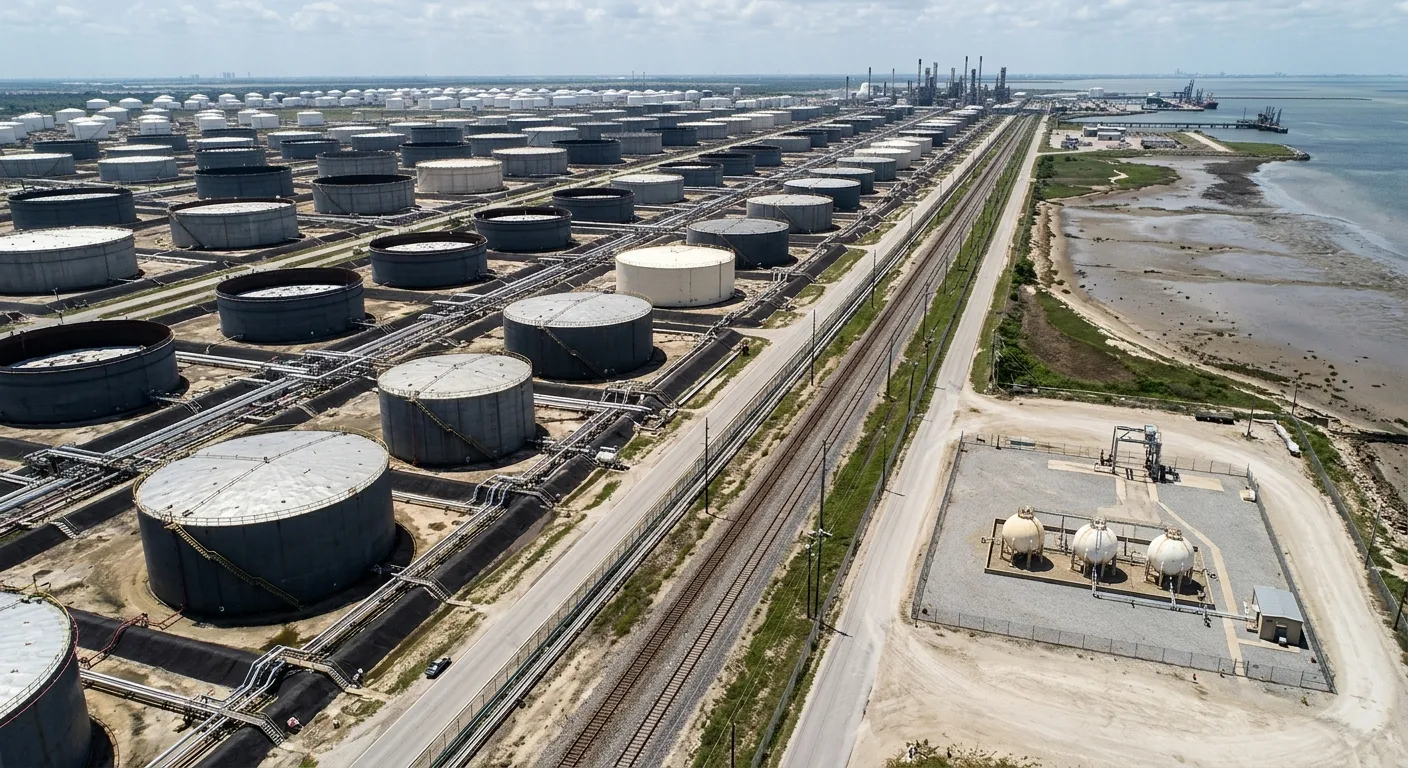 Aerial view contrasting massive crude oil reserves with inadequate LPG storage facilities.