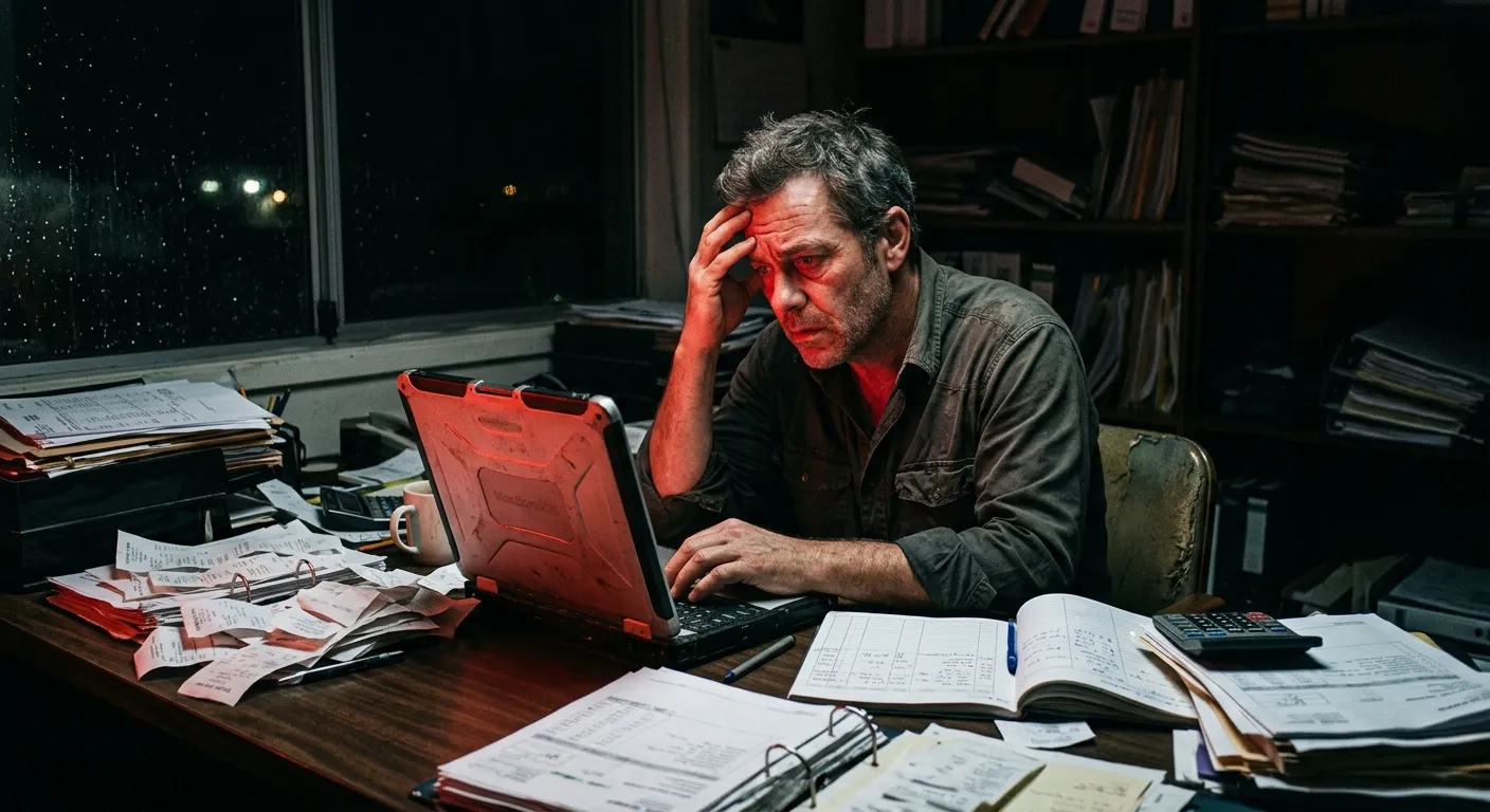 A small business owner struggling with tax compliance late at night