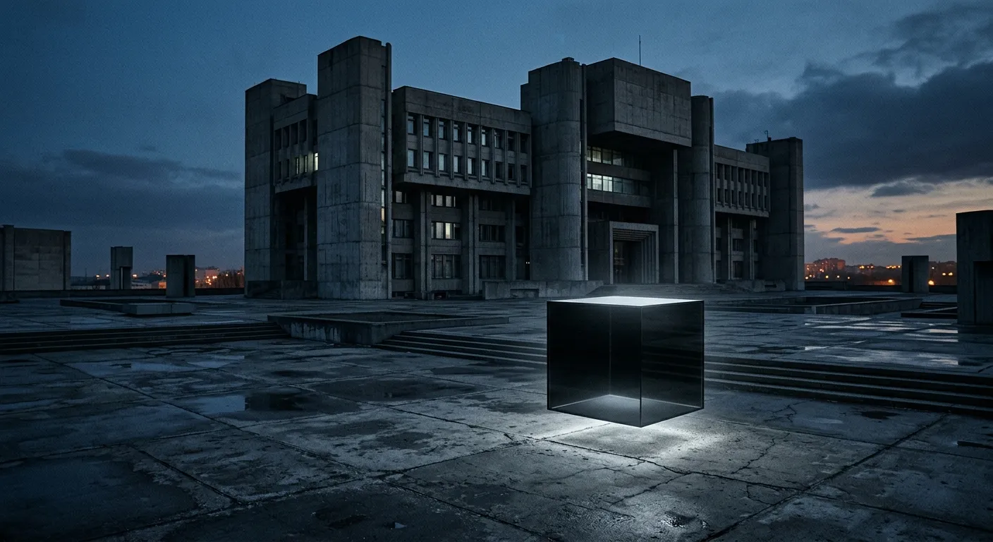 A brutalist building with a glowing black box representing opaque algorithmic governance