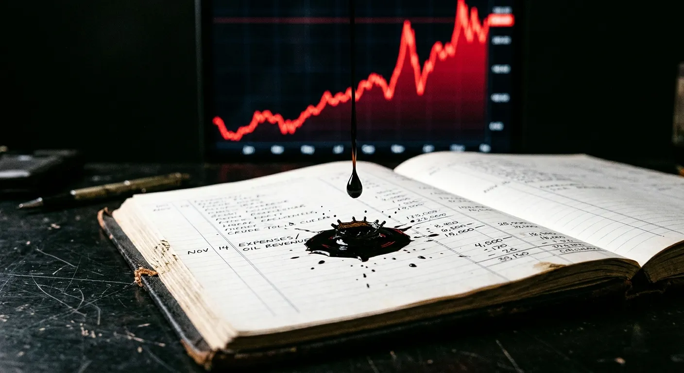 Crude oil dripping onto a financial ledger representing off-budget accounting